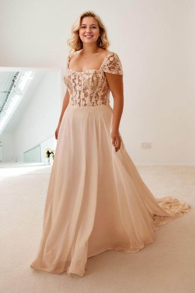A-Line Sweep-Brush Train Lace Chiffon Wedding Dress CW3496 - COCOMELODY
